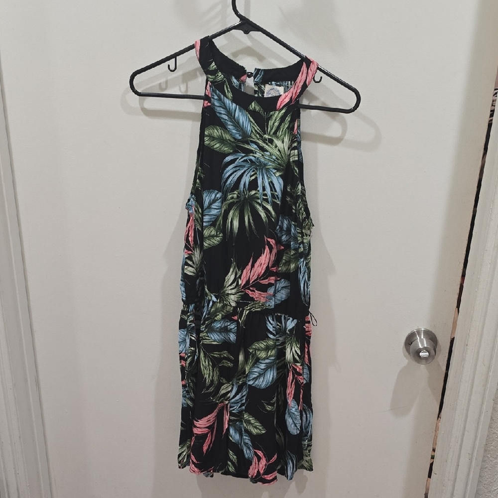 Francesca's Blue Rain Leaf Print Romper